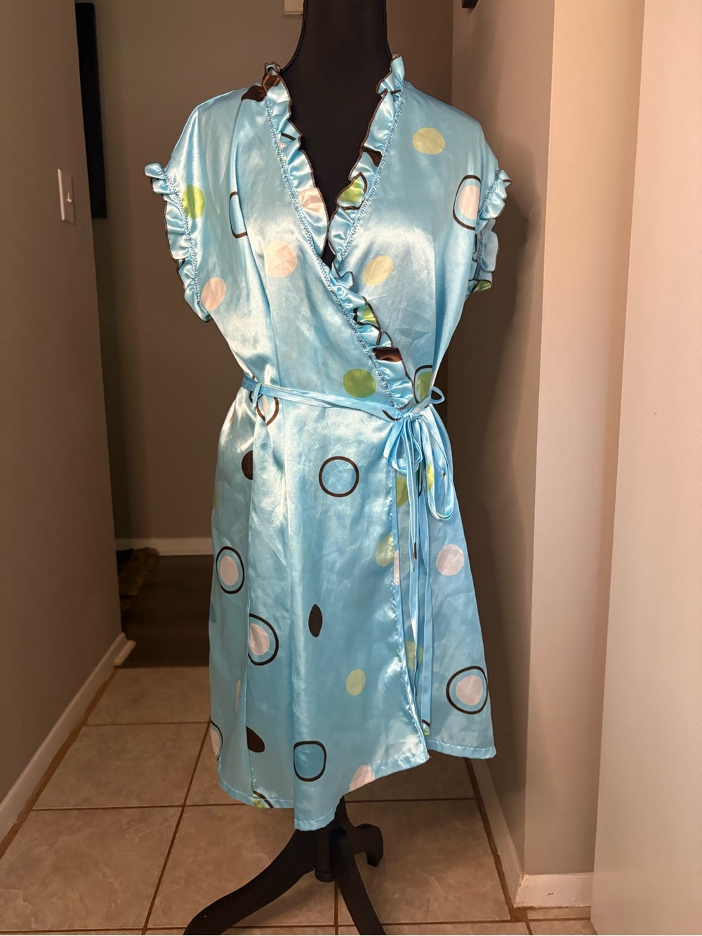 Light Blue Satin Wrap robe with Polka Dot Print